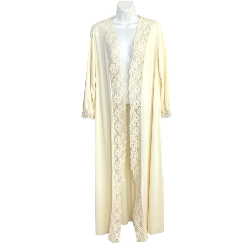 Vintage 60s Ivory Lace Sheer Peignoir Robe Maxi Bridal Cottagecore S/M